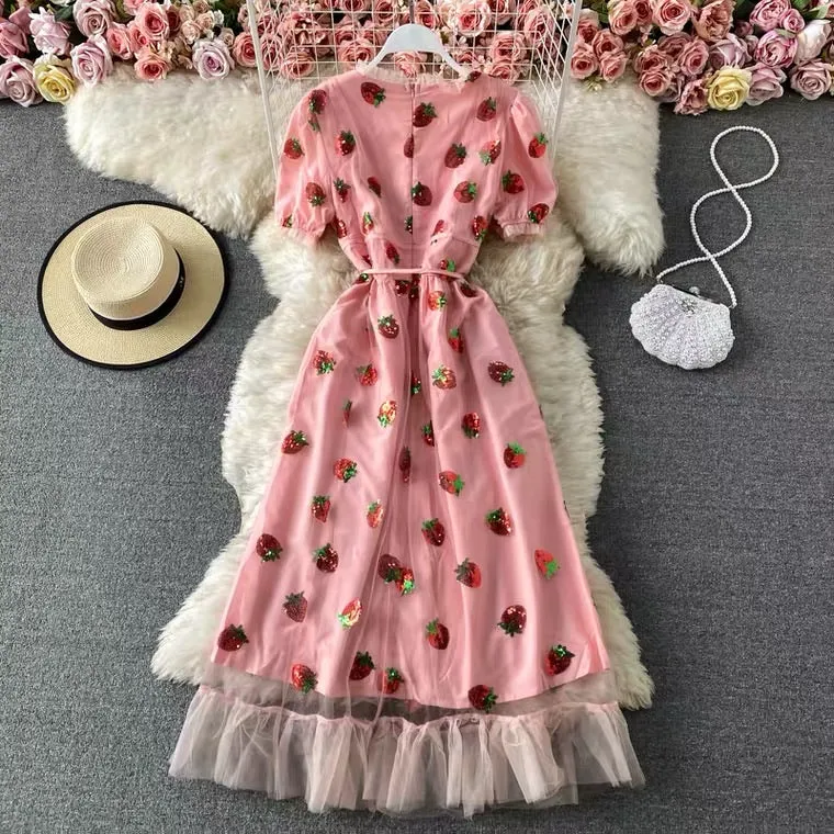 SWEET STRAWBERRY V-COLLAR DRESS BY50035