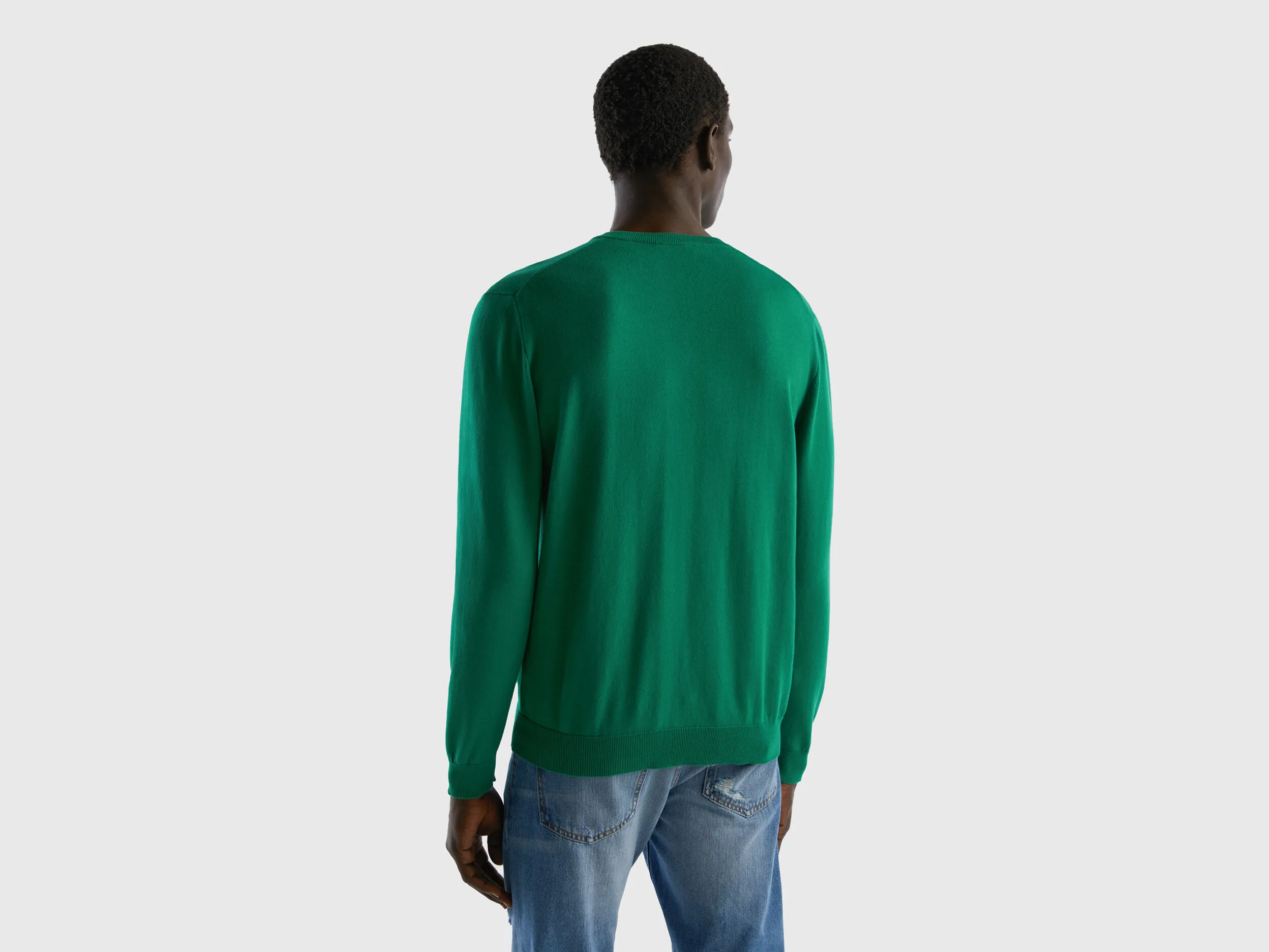 V-neck sweater in pure cotton - Dark Green | Benetton