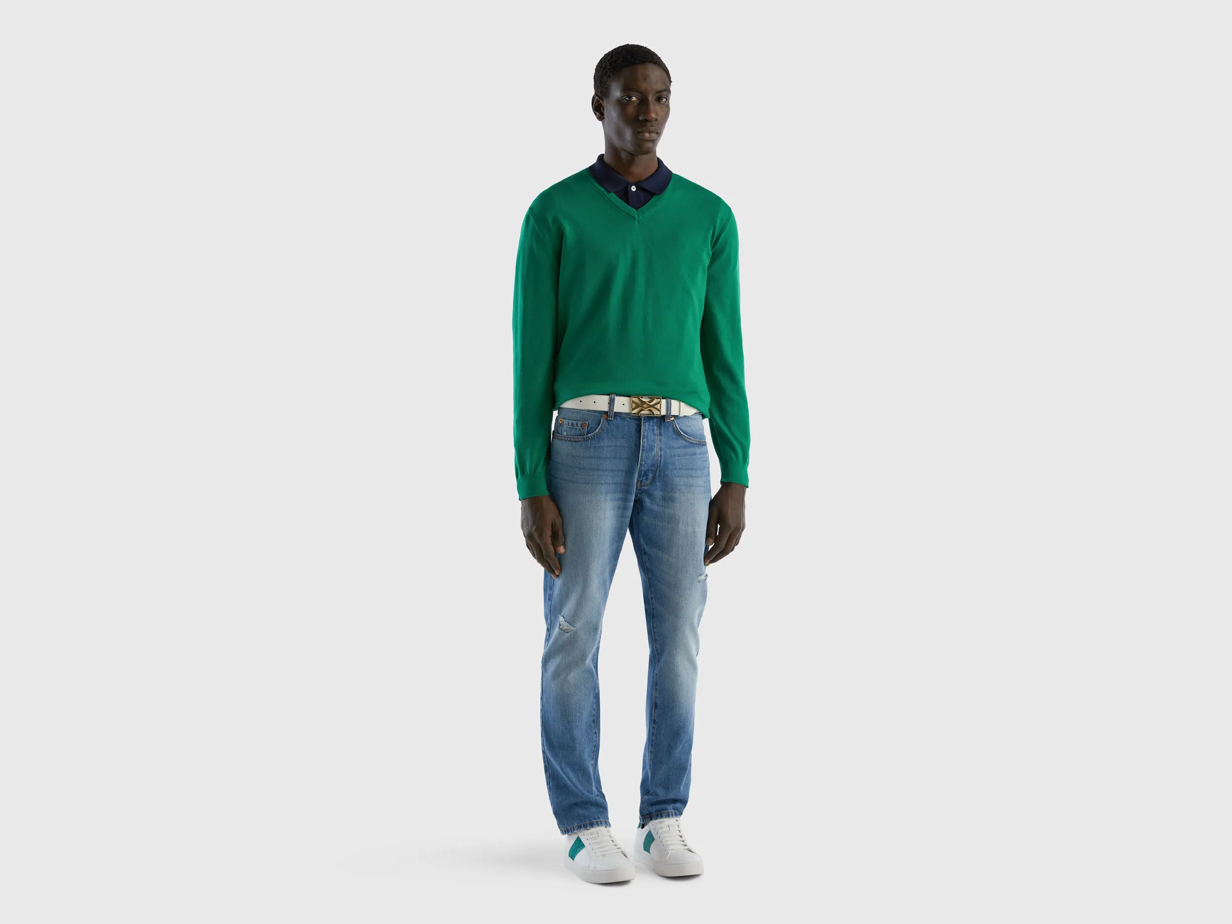 V-neck sweater in pure cotton - Dark Green | Benetton