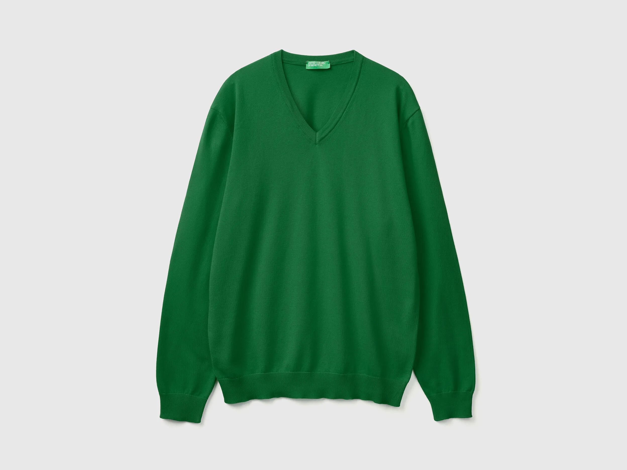 V-neck sweater in pure cotton - Dark Green | Benetton