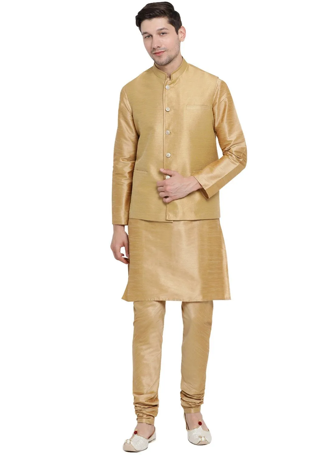 VASTRAMAY Men's Gold Cotton Silk Blend Kurta, Ethnic Jacket and Pyjama Set