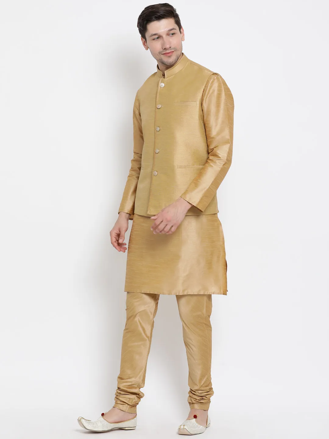 VASTRAMAY Men's Gold Cotton Silk Blend Kurta, Ethnic Jacket and Pyjama Set