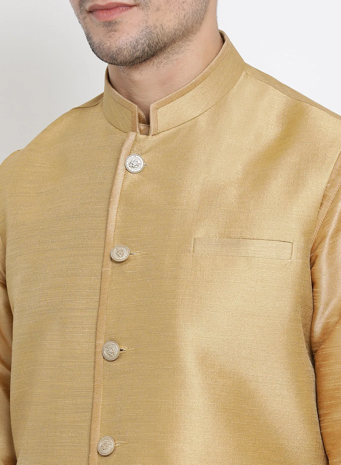 VASTRAMAY Men's Gold Cotton Silk Blend Kurta, Ethnic Jacket and Pyjama Set