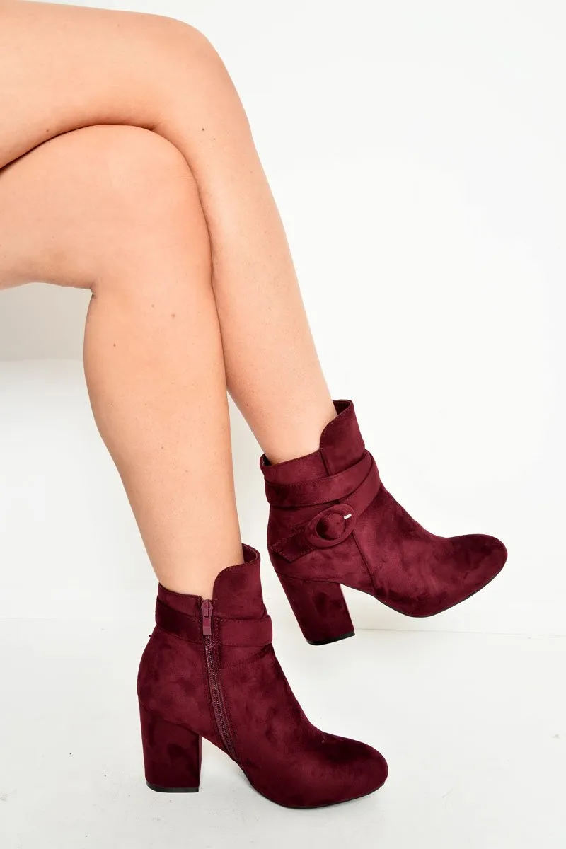 Wine Faux Suede Buckle Detail Ankle Boots - Jaielle