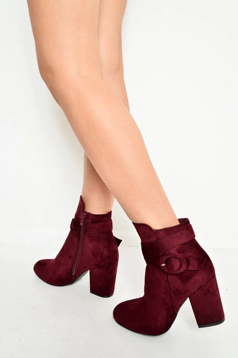 Wine Faux Suede Buckle Detail Ankle Boots - Jaielle