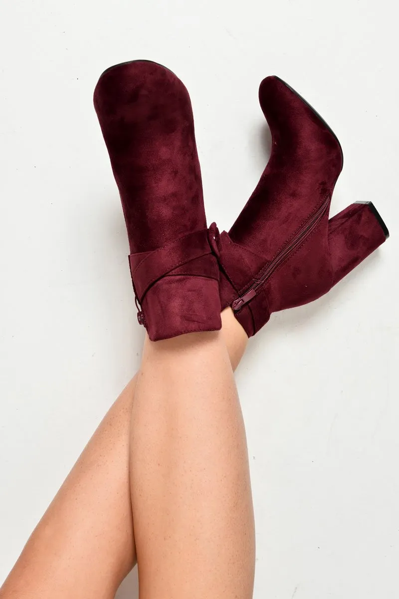 Wine Faux Suede Buckle Detail Ankle Boots - Jaielle