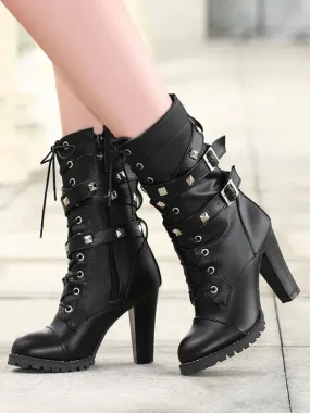 Women's Mid Calf Boots Zipper PU Leather Round Toe Chunky Heel Boots