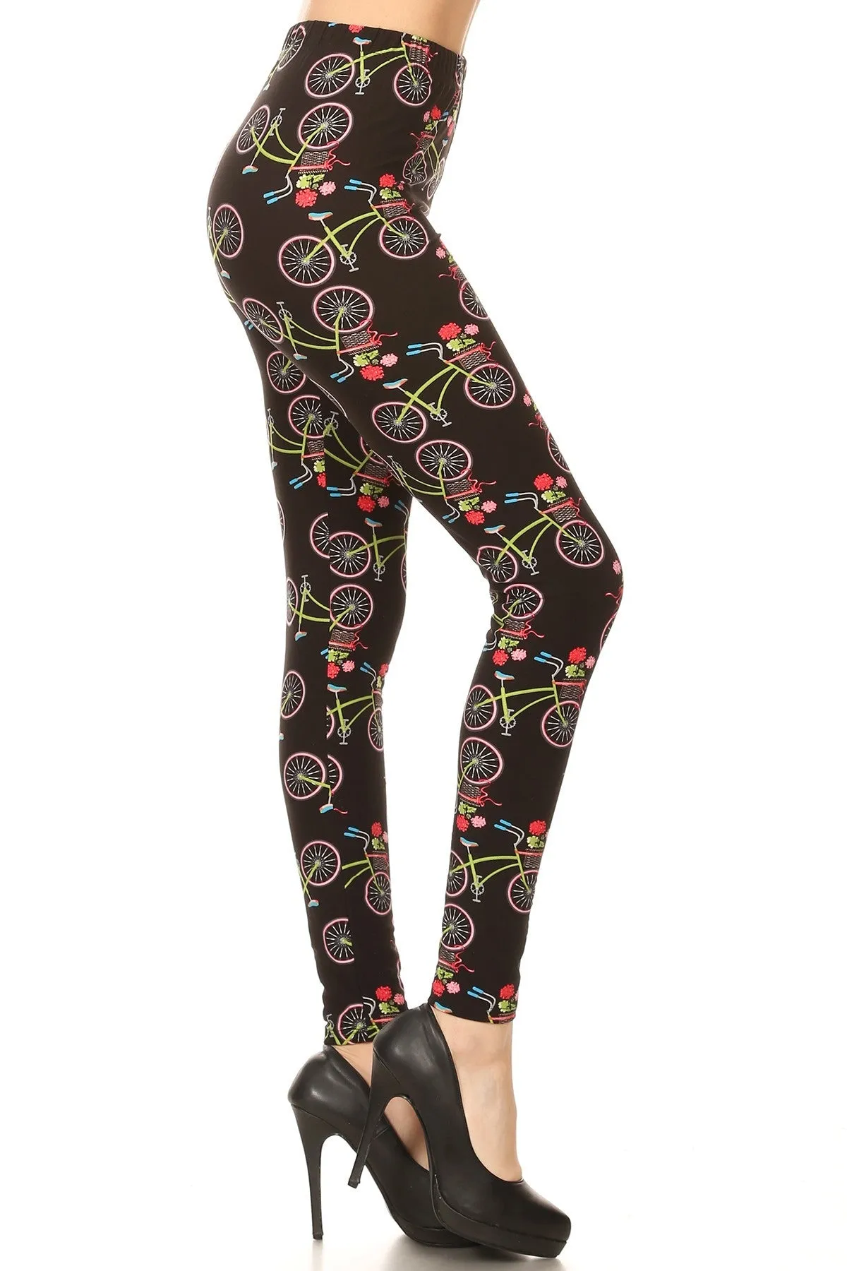 Women's Plus Bicycle Flower Pattern Printed Leggings