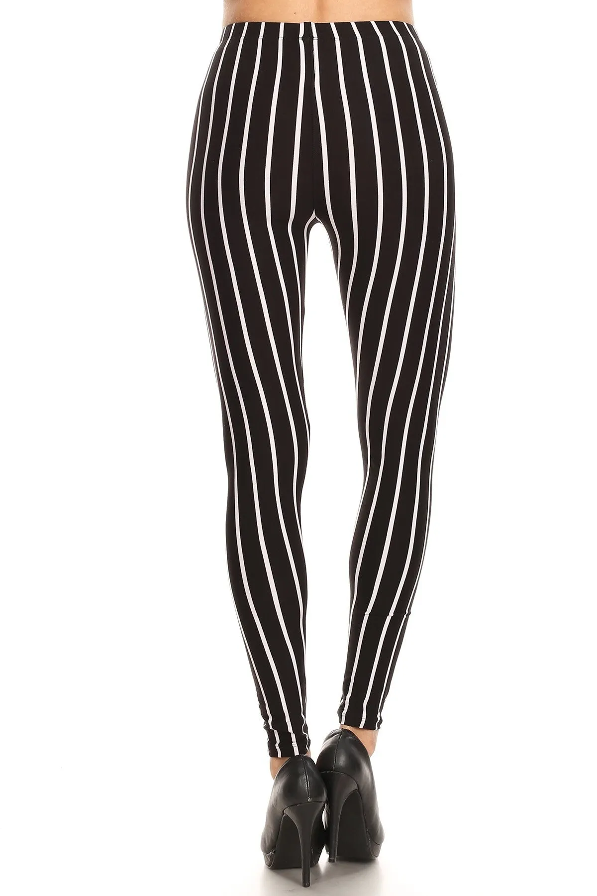 Women's Plus Vertical Thick Striped Pattern Print Leggings - Black White