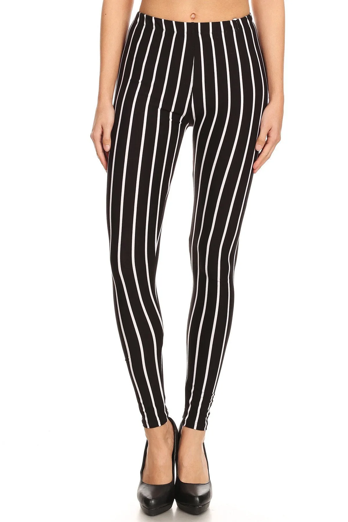 Women's Plus Vertical Thick Striped Pattern Print Leggings - Black White