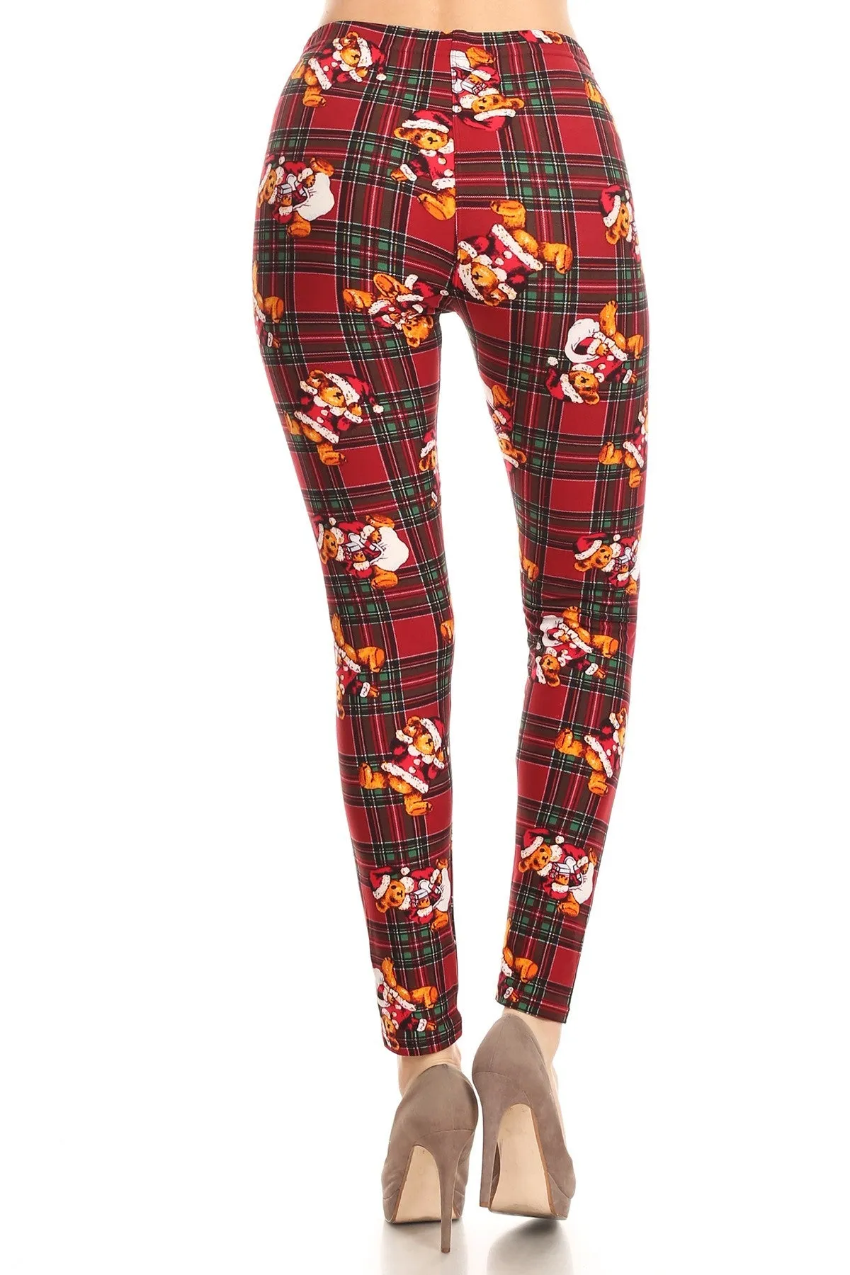 Women's Regular Christmas Santa Bear In Plaid Printed Leggings