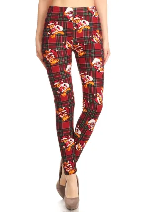 Women's Regular Christmas Santa Bear In Plaid Printed Leggings