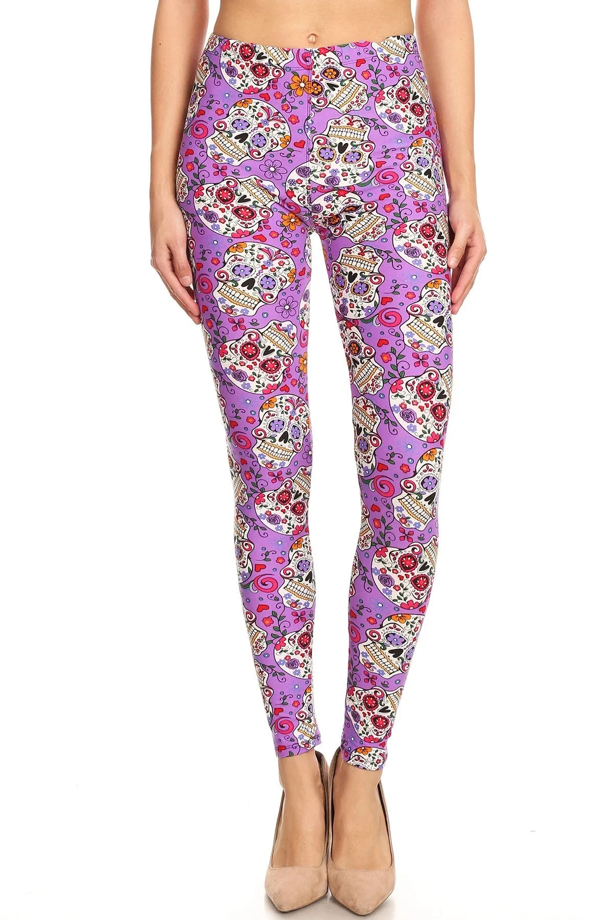 Women's Regular Purple Candy Skull Pattern Printed Leggings