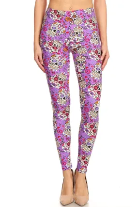 Women's Regular Purple Candy Skull Pattern Printed Leggings