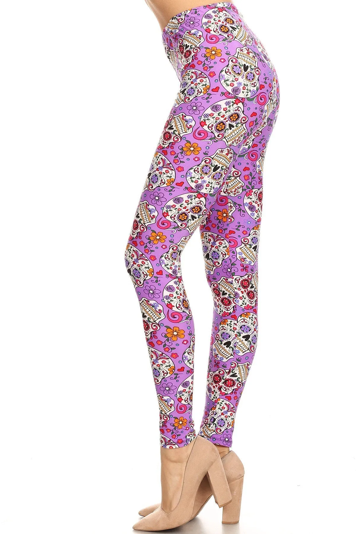 Women's Regular Purple Candy Skull Pattern Printed Leggings